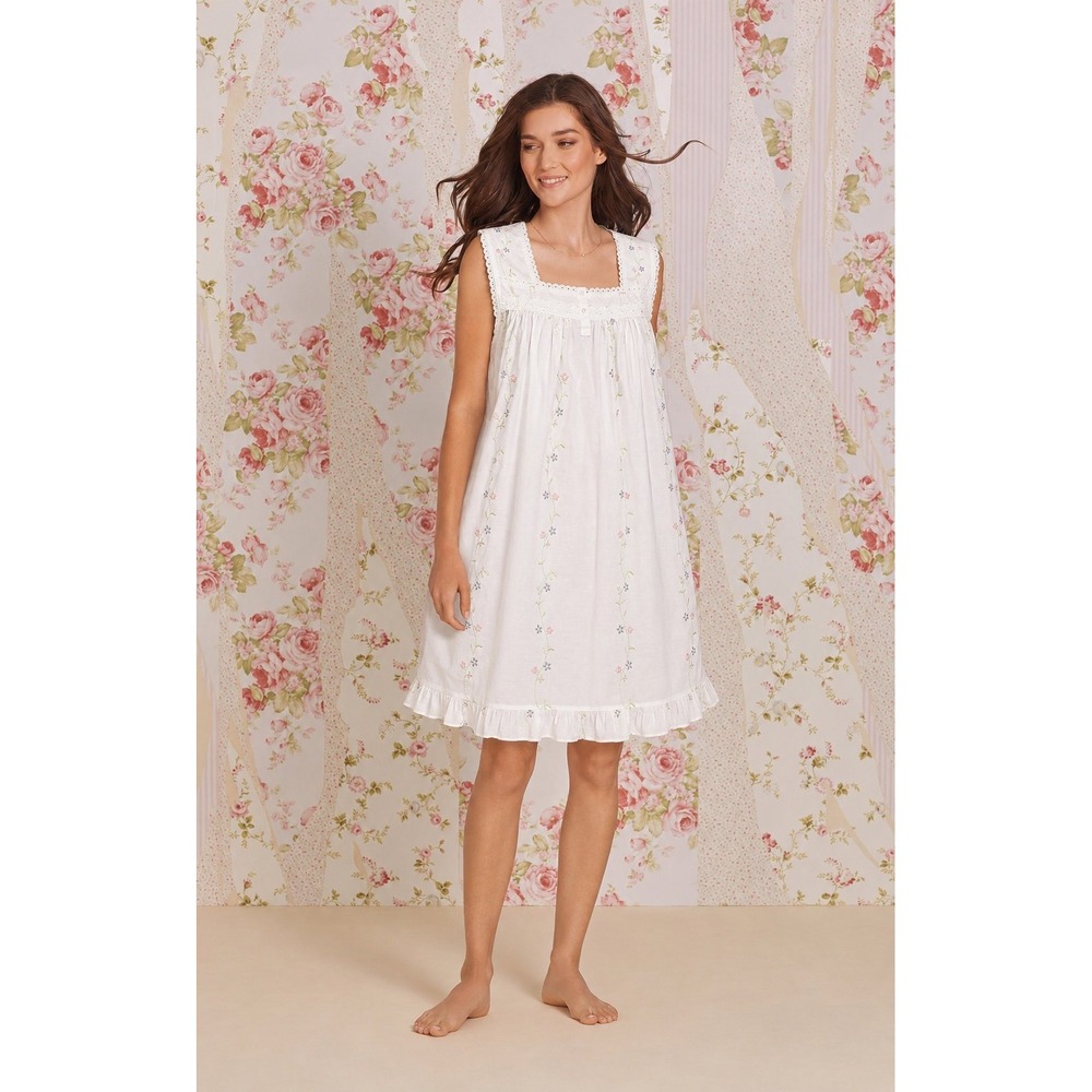 Adonna Women's XL White Cotton Floral Embroidered Nightgown Lace Trim
